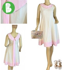 UNBRANDED LIGHT BEIGE AND PINK TRIM PETER PAN COLLAR SHEATH DRESS (S)